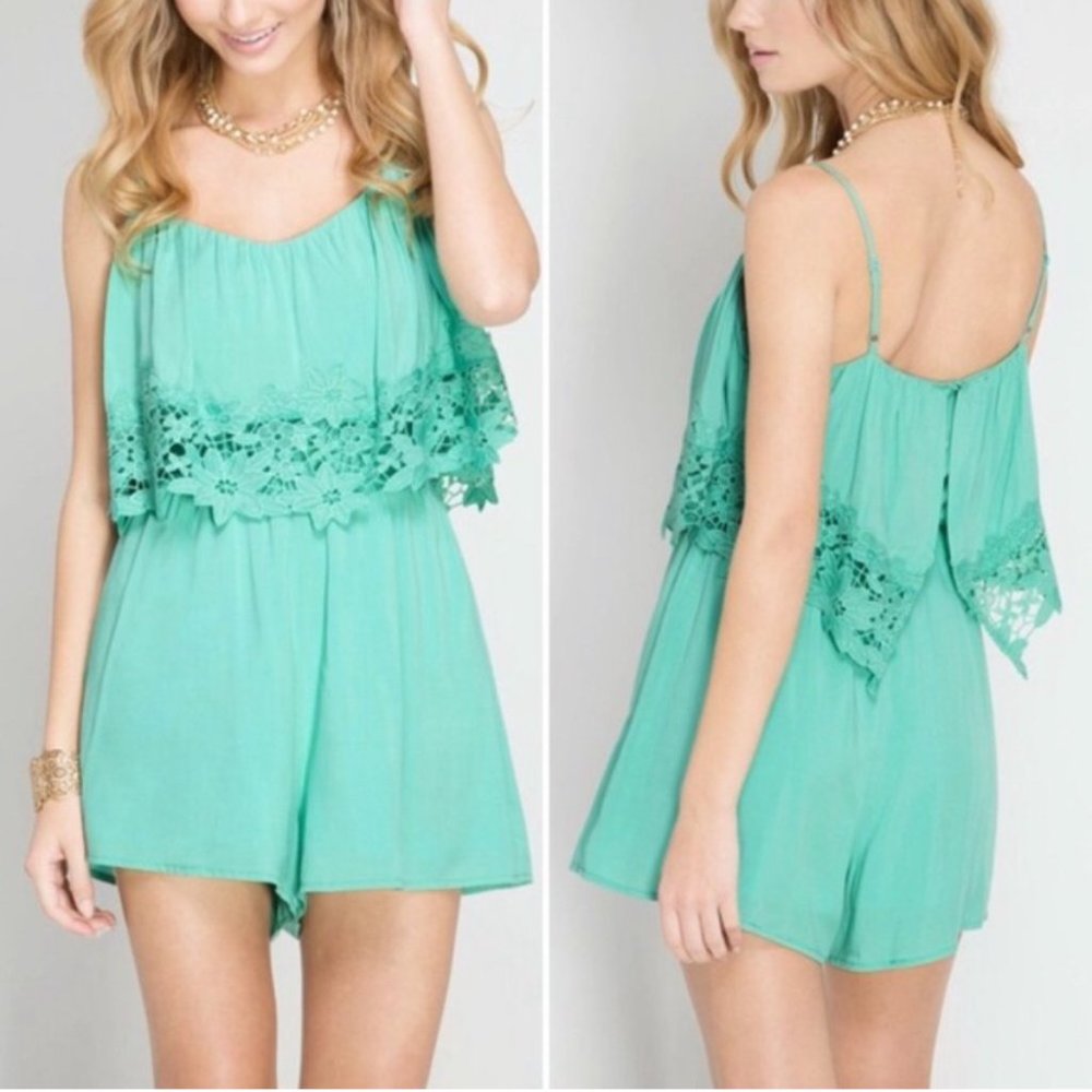 Mint / Turquoise Layered Romper with Crochet Lace Trim